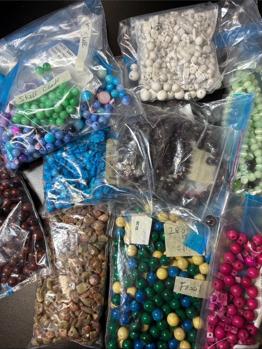 Lot of 2+ pounds of assorted gemstone Beads in Blue, Green, Pink, White, Brown